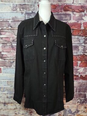 DG2 by Diane Gilman Black Stud-Trim Snap Front Jean Shirt/Jacket